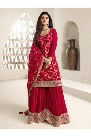 Jacquard chinon sharara suit in Red colour 66216